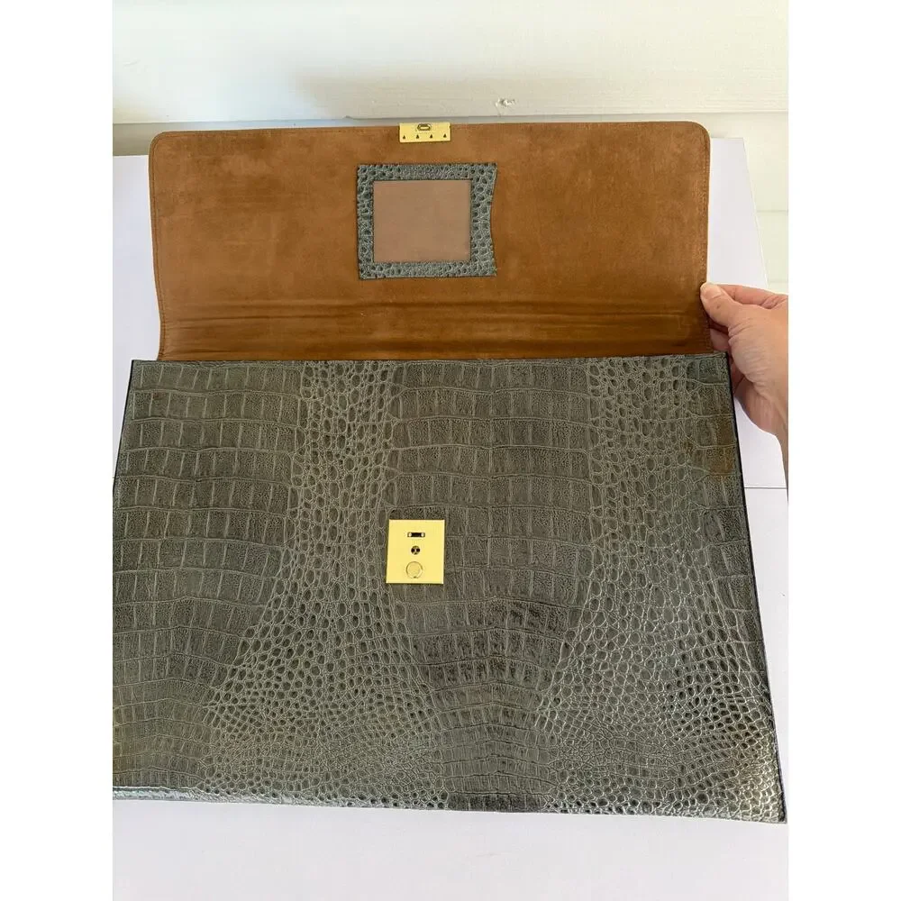 Vivace Vintage Grey Crocodile Embossed Leather Briefcase Attache Portfolio Lock